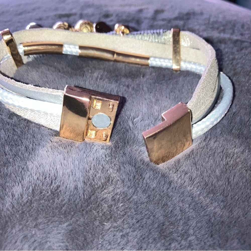 He Is Love Gold‎ & Silver Charms on Gray Layered Leather Bracelet Magnetic Clasp